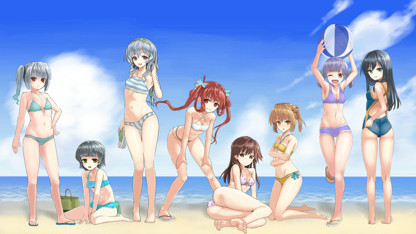 :d ;d arare_(kantai_collection) arashio_(kantai_collection) arms_up asagumo_(kantai_collection) asashio_(kantai_collection) ass ass_visible_through_thighs backless_outfit ball beach beachball bent_over bikini black_hair blue_eyes blue_sky blush breasts brown_eyes brown_hair cloud cloudy_sky commentary_request criss-cross_halter day double_bun flat_chest from_behind front-tie_bikini front-tie_top full_body green_bikini green_eyes grey_hair hair_rings hairband halterneck hand_on_hip highres kantai_collection kasumi_(kantai_collection) kneeling kuronaga light_brown_eyes light_brown_hair long_hair looking_at_viewer low-tied_long_hair michishio_(kantai_collection) multiple_girls navel ocean one-piece_swimsuit one_eye_closed ooshio_(kantai_collection) open_mouth polka_dot polka_dot_bikini purple_eyes red_hair sandals sandals_removed short_hair side_ponytail sitting sky small_breasts smile standing swimsuit twintails v-shaped_eyebrows wariza white_bikini yamagumo_(kantai_collection) yellow_bikini yokozuwari