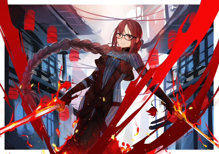 1girl architecture bangs black_dress braid breasts brown_hair choker closed_mouth consort_yu_(fate) drakhend66 dress dual_wielding east_asian_architecture fate/grand_order fate_(series) fire glasses highres holding holding_sword holding_weapon long_hair looking_at_viewer medium_breasts red_eyes single_braid solo standing striped_bodysuit sword very_long_hair weapon