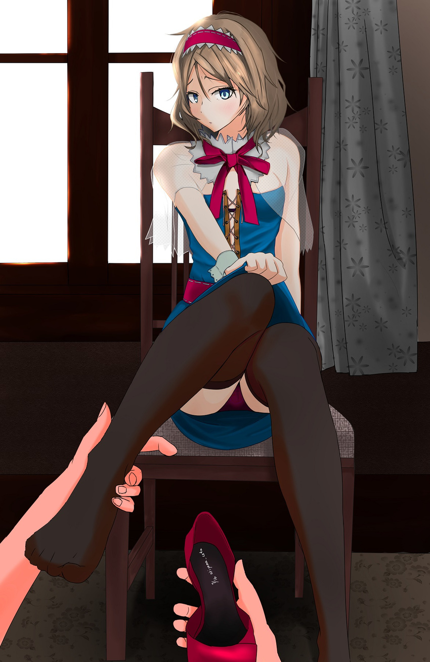 akiyama_cz4a alice_margatroid ankle_grab black_legwear blonde_hair blue_eyes dress error feet hairband hand_on_foot high_heels highres holding holding_shoes looking_at_viewer out_of_frame panties pantyshot pov pov_hands shoes short_hair sitting solo_focus thighhighs touhou underwear