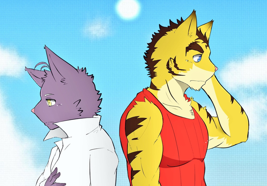 awkward cat feline male male/male mammal morenatsu scratching shin_(morenatsu) sky tiger torahiko_(morenatsu)