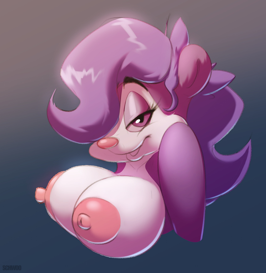 anthro bedroom_eyes breasts female fifi_la_fume fur hair hair_over_eyes half-closed_eyes mammal nipples nude pose purple_eyes purple_fur purple_hair schwoo seductive skunk smile solo tiny_toon_adventures warner_brothers