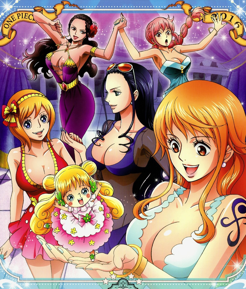 2016 6+girls bare_shoulders black_hair blonde_hair blue_eyes blush blush_stickers bracelet braid breasts cleavage dress female hairband happy koala_(one_piece) large_breasts long_hair looking_at_viewer mansherry multiple_girls nail_polish nami_(one_piece) nico_robin no_bra one_piece orange_hair perky_breasts pink_hair rebecca_(one_piece) rose short_hair sisters smile sunglasses sunglasses_on_head tattoo viola_(one_piece)