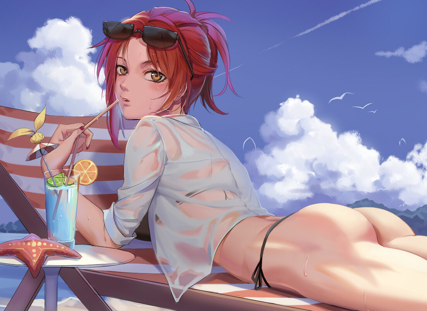 791_(meiyuewudi) ass benghuai_xueyuan bikini bikini_under_clothes bird black_bikini blue_sky blush breasts brown_hair cloud cocktail_glass cocktail_umbrella commentary_request condensation_trail cup day deck_chair drinking_glass drinking_straw eyewear_on_head food from_side fruit glass lemon lemon_slice lime_slice looking_at_viewer looking_back lying medium_breasts murata_himeko nail_polish ocean on_stomach open_clothes open_shirt orange orange_slice parted_lips red_hair red_nails see-through shirt side-tie_bikini sky solo string_bikini sunglasses sweatdrop swimsuit table thong_bikini tied_hair upper_body white_shirt