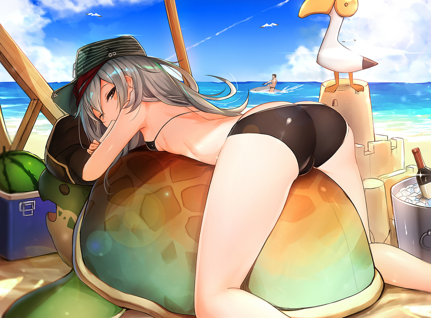 1girl ass beach berezovich_kryuger_(girls_frontline) bikini bird butt_crack cameltoe cloud commentary day food fruit g11_(girls_frontline) girls_frontline hat inflatable_shark inflatable_toy long_hair looking_back luse_maonang one_eye_closed outdoors purple_eyes revision sand_castle sand_sculpture silver_hair sky swimsuit turtle watermelon