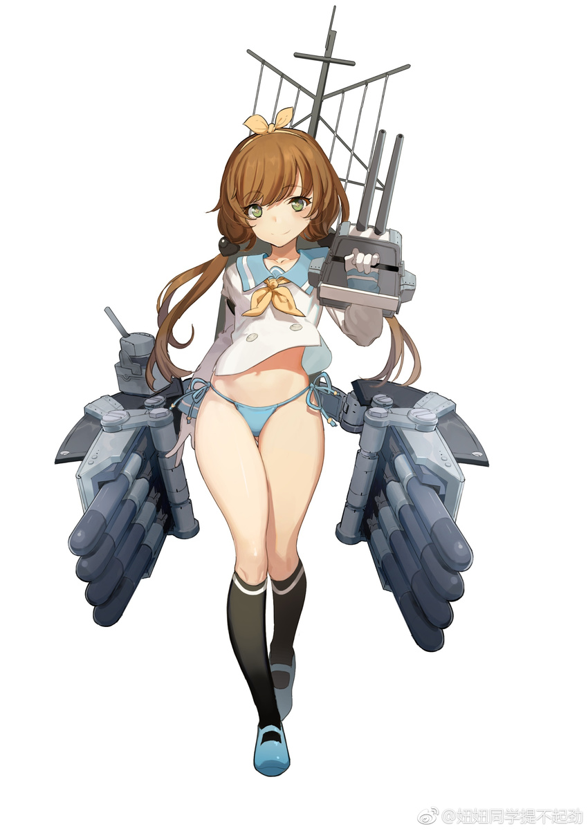 absurdres artist_request bangs battleship_girl black_legwear blue_panties brown_hair closed_mouth eyebrows_visible_through_hair full_body gloves green_eyes hair_ornament hairband highres kneehighs long_sleeves low_twintails mary_janes navel no_pants panties sailor_collar sailor_shirt shirt shoes side-tie_panties simple_background sleeves_past_wrists smile solo standing string_panties symbol-shaped_pupils torpedo turret twintails underwear white_background white_gloves