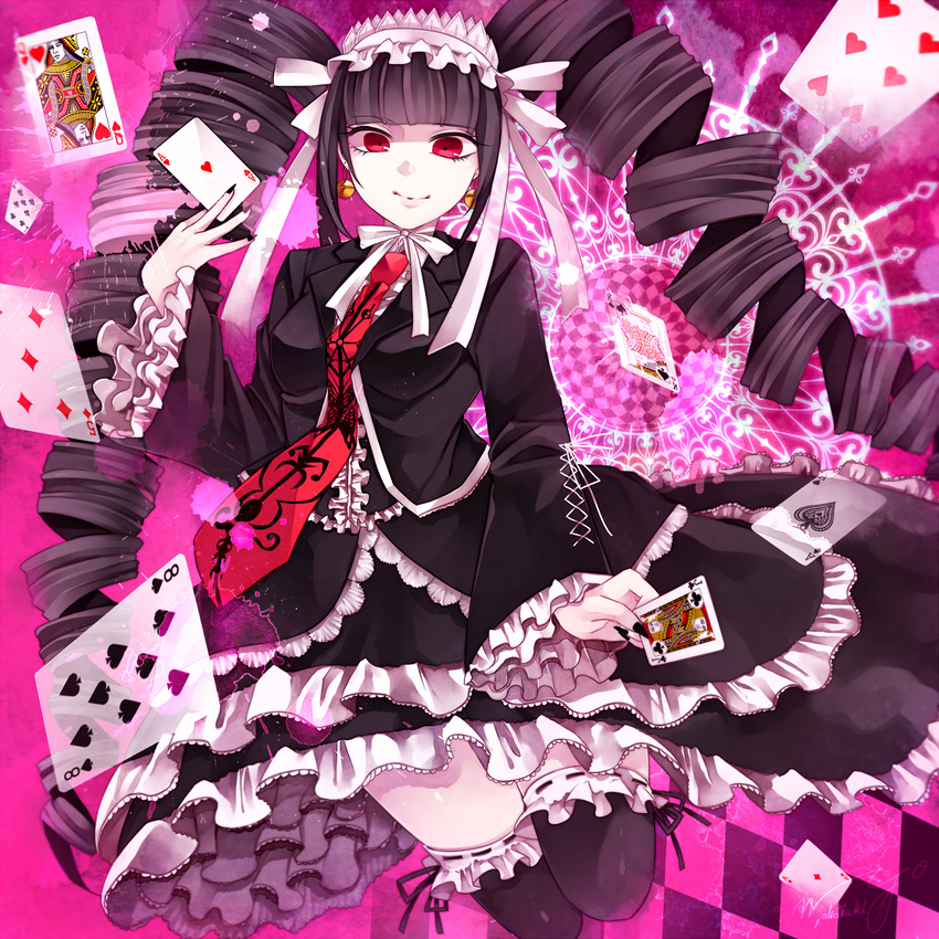 black_dress black_hair black_legwear black_nails breasts card celestia_ludenberck checkered checkered_background choker danganronpa danganronpa_1 dress drill_hair earrings garter_straps gothic_lolita hair_ribbon hairband highres holding holding_card jewelry layered_dress lolita_fashion lolita_hairband long_hair looking_at_viewer medium_breasts nail_polish necktie red_eyes red_neckwear ribbon ribbon-trimmed_legwear ribbon_choker ribbon_trim smile solo thighhighs twin_drills wakatsuki_you white_hairband white_ribbon