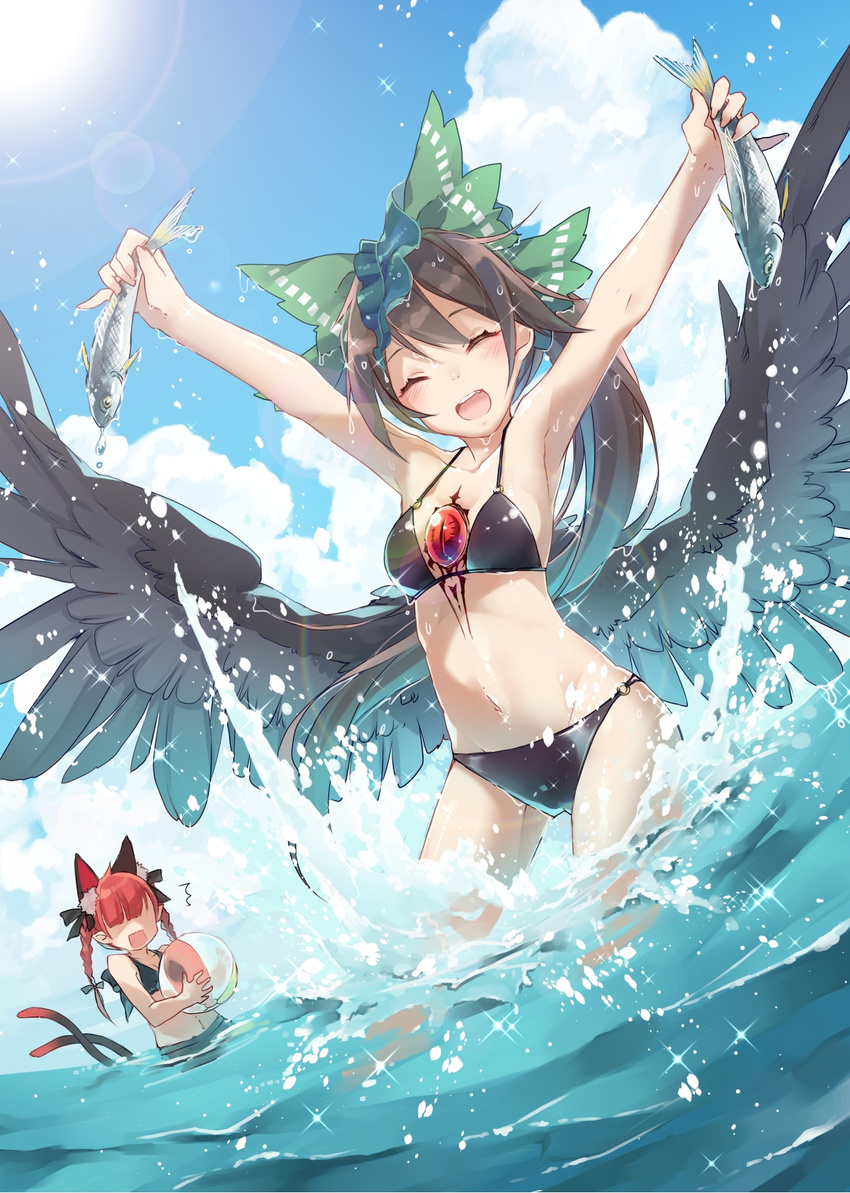 animal_ears armpits arms_up ball beachball bikini bird_wings black_bikini black_bow black_wings blue_sky bow braid breasts brown_hair cat_ears cat_tail cleavage cloud cloudy_sky commentary_request day feathered_wings fish fishing green_bow halter_top halterneck highres holding holding_ball kaenbyou_rin long_hair medium_breasts multiple_girls navel o-ring o-ring_bikini o-ring_bottom ocean open_mouth outdoors outstretched_arms pointy_ears red_hair reiuji_utsuho sky smile sparkle stomach summer swimsuit tail tattoo third_eye touhou toutenkou twin_braids wading water wet wet_hair wings