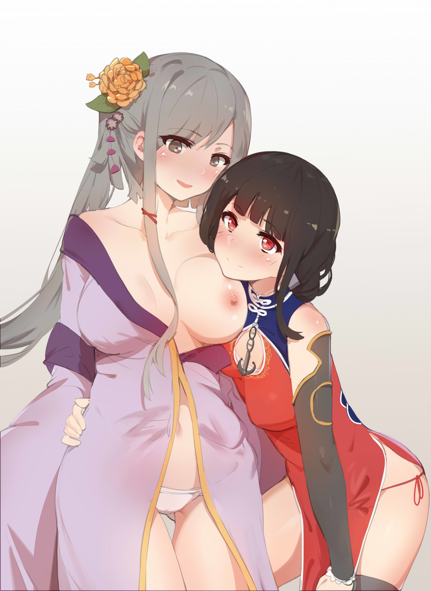 absurdres anchor ass_visible_through_thighs black_hair black_legwear blush breasts china_dress chinese_clothes closed_mouth contrapposto cowboy_shot detached_sleeves dress flower gradient gradient_background grey_eyes grey_hair hair_flower hair_ornament hair_ribbon hand_on_another's_hip highres kaga_(zhan_jian_shao_nyu) large_breasts long_hair multiple_girls navel nipples off_shoulder open_mouth panties ponytail red_dress red_eyes ribbon side-tie_panties side_slit sidelocks simple_background small_breasts smile standing string_panties thighhighs tress_ribbon underwear very_long_hair white_panties yat_sen_(zhan_jian_shao_nyu) ze_(wzfnn001) zhan_jian_shao_nyu