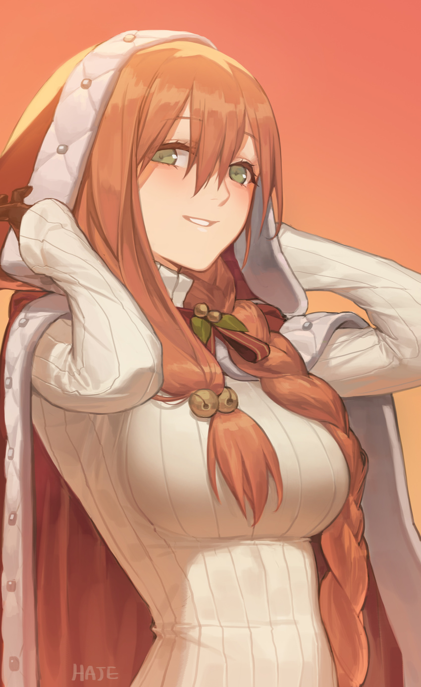 absurdres arms_up artist_name bangs bell breasts brown_hair cloak commentary_request eyebrows_visible_through_hair fur_trim girls_frontline green_eyes hair_bell hair_between_eyes hair_ornament haje highres hood hooded_cloak jingle_bell large_breasts long_hair looking_at_viewer m1903_springfield_(girls_frontline) parted_lips ribbed_sweater signature smile solo sweater upper_body white_sweater