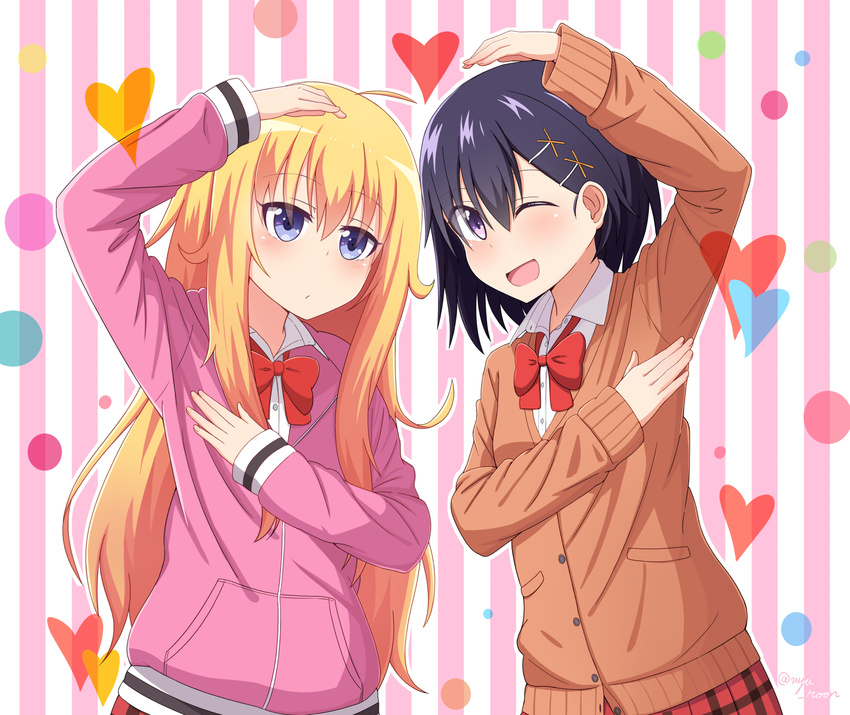 ;d ahoge arm_up bad_id bad_pixiv_id black_hair blonde_hair blue_eyes blush bow bowtie cardigan commentary_request expressionless gabriel_dropout hair_ornament heart heart_arms_duo highres hood hoodie long_hair long_sleeves messy_hair multiple_girls nyaroon one_eye_closed open_mouth parody pink_cardigan polka_dot polka_dot_background purple_eyes school_uniform signature smile striped striped_background tanaka-kun_wa_itsumo_kedaruge tenma_gabriel_white tsukinose_vignette_april twitter_username vertical-striped_background vertical_stripes x_hair_ornament
