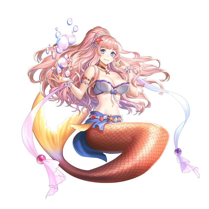 ashishun bead_bracelet beads blue_eyes bracelet breasts cleavage floating_hair full_body high_ponytail highres jewelry large_breasts long_hair melmare mermaid monster_girl pink_hair scales seashell shell smile solo starfish valkyrie_connect