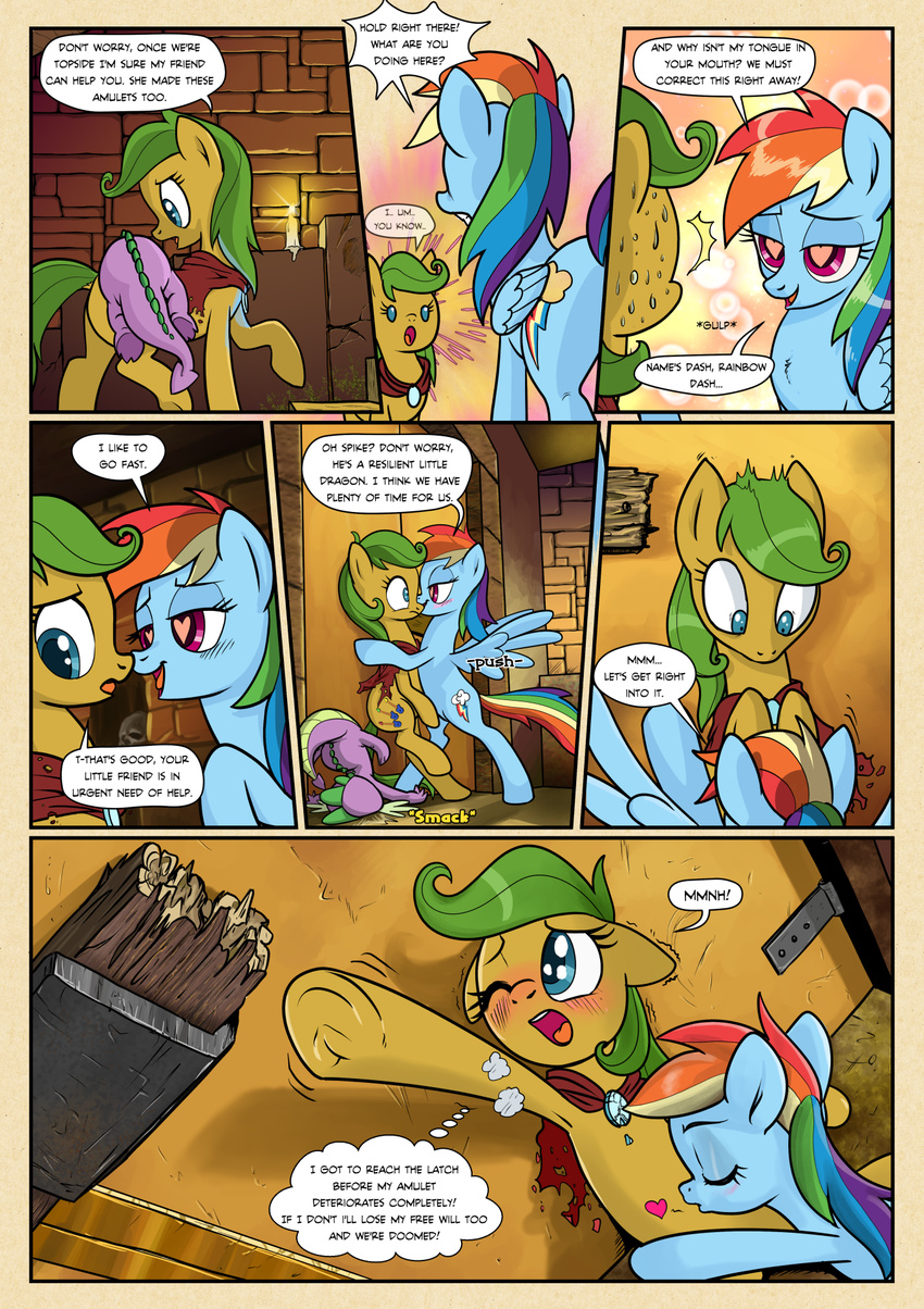 2017 blush cloth comic cutie_mark dialogue dragon earth_pony equine faceplant fan_character feathered_wings feathers female feral friendship_is_magic hair hi_res horse kissing male mammal multicolored_hair my_little_pony pegasus pencils_(artist) pony pushing rainbow_dash_(mlp) rainbow_hair speech_bubble spike_(mlp) sweat text wingding_eyes wings