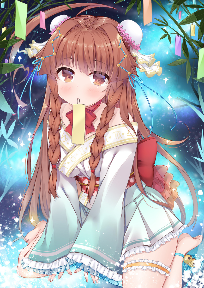 ahoge alternate_costume alternate_hairstyle bare_shoulders braid brown_eyes brown_hair bun_cover commentary_request double_bun highres kantai_collection ko_yu kuma_(kantai_collection) lolita_fashion long_hair looking_at_viewer mouth_hold night night_sky sitting sky solo star_(sky) starry_sky tanabata twin_braids wa_lolita wariza