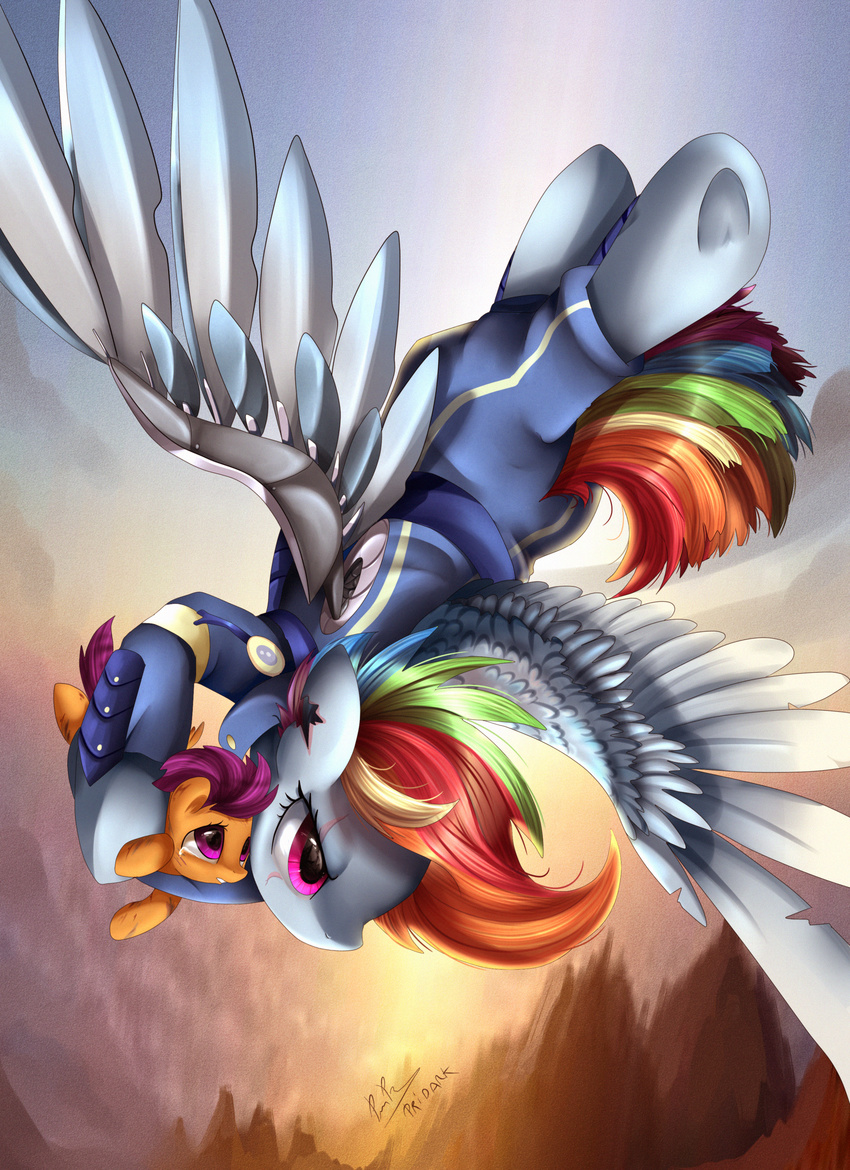 clothed clothing detailed_background duo equine eyelashes feathered_wings feathers female feral friendship_is_magic hair hooves mammal mechanical_wing multicolored_hair my_little_pony pegasus pridark purple_eyes purple_hair rainbow_dash_(mlp) rainbow_hair scootaloo_(mlp) wings