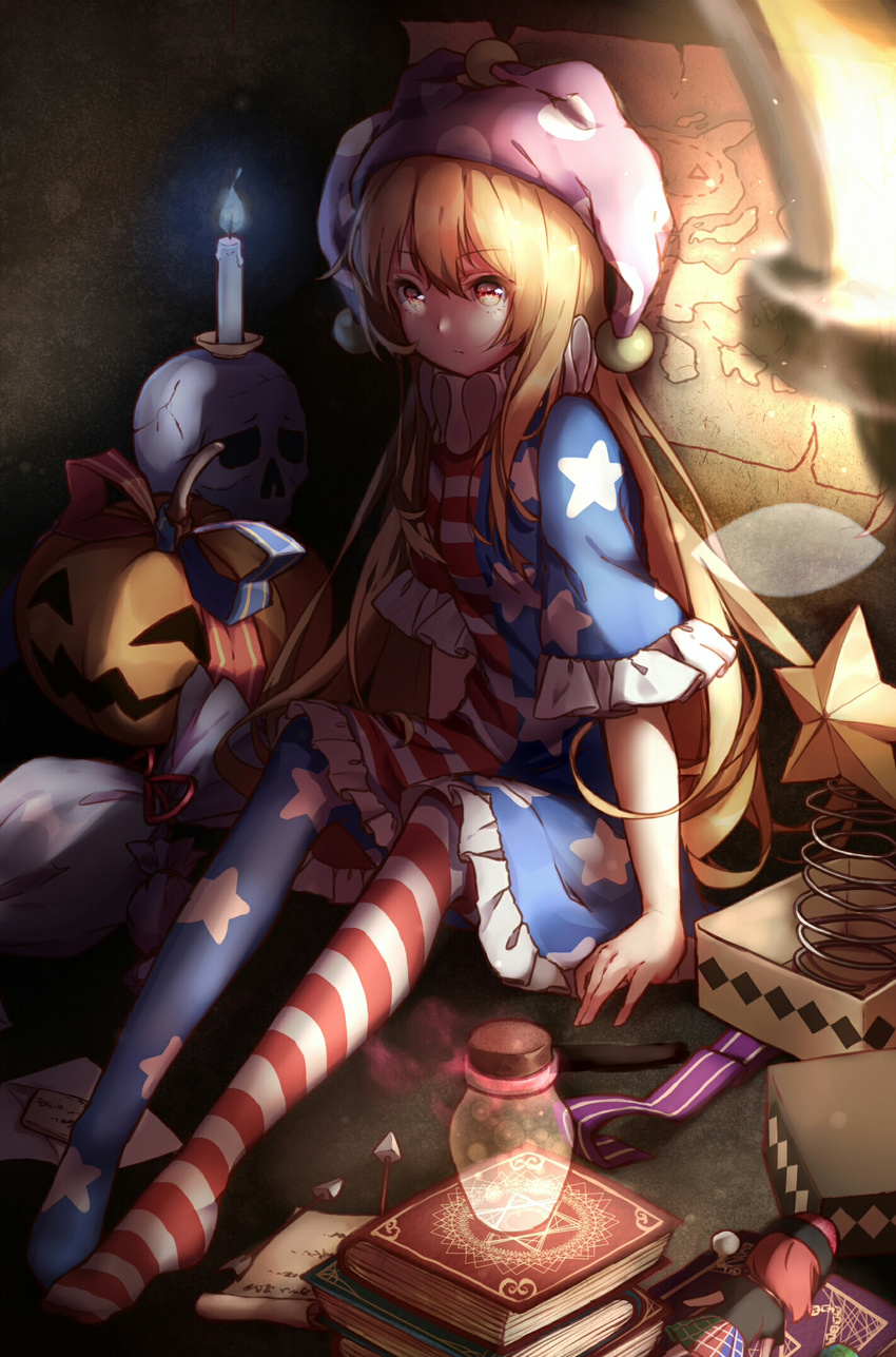 american_flag_dress american_flag_legwear arrow blonde_hair book bottle candle character_doll closed_mouth clownpiece commentary_request cork doll dress expressionless fairy_wings fire frilled_dress frills full_body hat hecatia_lapislazuli highres jack-o'-lantern jester_cap long_hair looking_at_viewer map multicolored_hair neck_ruff pantyhose polka_dot polka_dot_hat purple_hat red_eyes red_hair sack scroll short_dress sitting skull solo spring_(object) star star_print striped touhou transparent_wings very_long_hair wings yilocity
