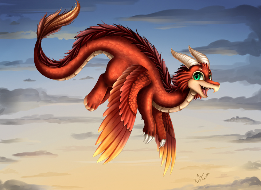 claws detailed_background dragon feathered_dragon feathered_wings feathers feral green_eyes hair open_mouth pridark red_feathers red_hair sky smile solo star starry_sky teeth tongue wings