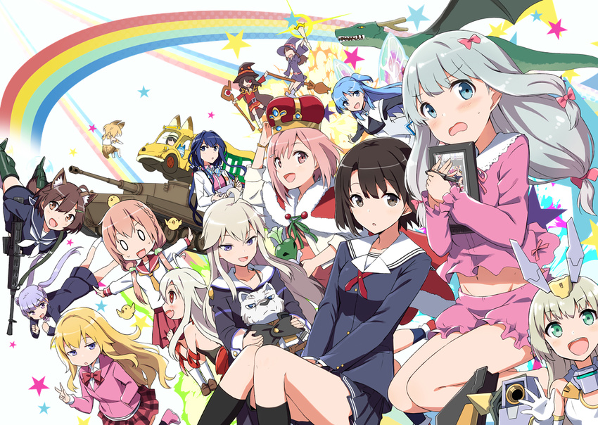 adagaki_aki bangs baselard brave_witches brown_hair chtholly_nota_seniorious commentary_request crossover dragon eromanga_sensei everyone frame_arms_girl gabriel_dropout gochou_(atemonai_heya) ground_vehicle gun hinako_note izumi_sagiri japari_bus kaban_(kemono_friends) kagari_atsuko karibuchi_hikari katou_megumi kemono_friends kobayashi-san_chi_no_maidragon koharu_yoshino kono_subarashii_sekai_ni_shukufuku_wo! little_witch_academia long_hair lucky_beast_(kemono_friends) mangaka masamune-kun_no_revenge megumin military military_vehicle motor_vehicle multiple_crossover multiple_girls new_game! saenai_heroine_no_sodatekata sakura_quest sakuragi_hinako season_connection serval_(kemono_friends) shuumatsu_nani_shitemasu_ka? sidelocks suzukaze_aoba tank tenma_gabriel_white tiger_i tooru_(dragon)_(maidragon) tooru_(maidragon) twintails urara_meirochou weapon world_witches_series year_connection zero_(zero_kara_hajimeru_mahou_no_sho) zero_kara_hajimeru_mahou_no_sho