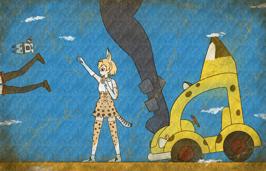 animal_ears bare_shoulders black_cerulean_(kemono_friends) black_eyes black_legwear blonde_hair blue_background bow bowtie brown_footwear closed_mouth commentary_request crack egyptian_art elbow_gloves flat_tire from_side gloves head_out_of_frame high-waist_skirt highres japari_bus kaban_(kemono_friends) kemono_friends kita_(7kita) legs_apart lucky_beast_(kemono_friends) multiple_girls pantyhose profile serval_(kemono_friends) serval_ears serval_print serval_tail shirt shoes short_hair shorts skirt sleeveless sleeveless_shirt standing striped_tail tail thighhighs white_footwear white_shirt