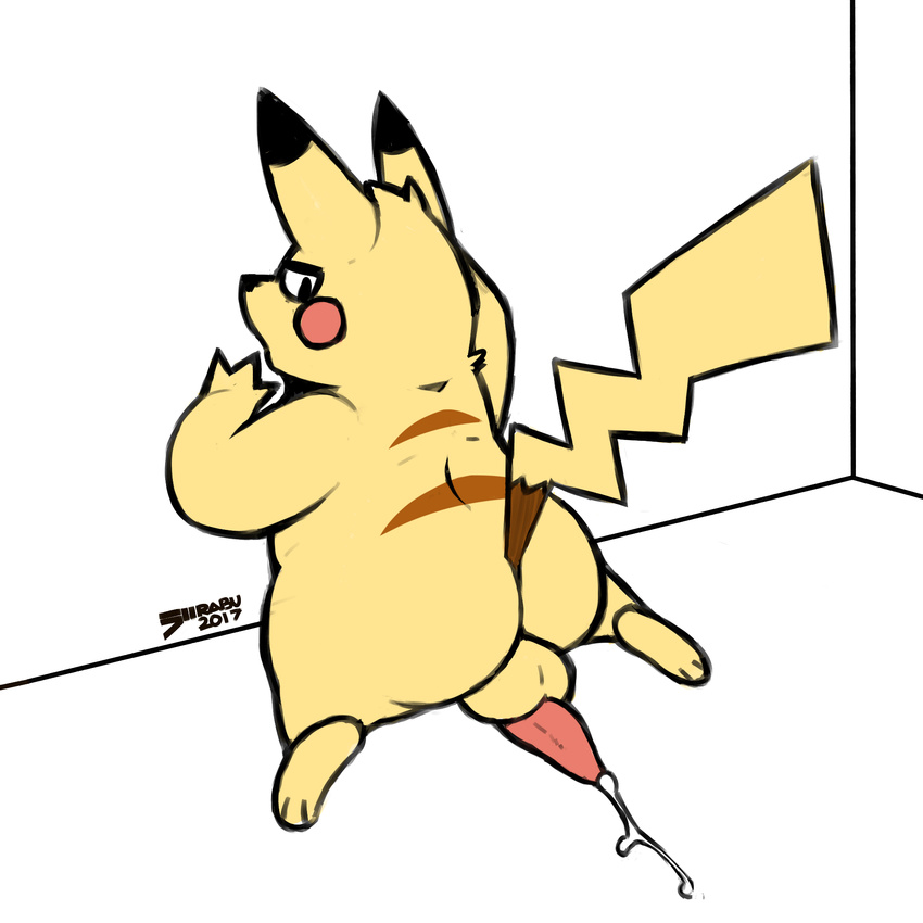 2017 anthro balls butt digital_media_(artwork) erection fur hi_res looking_at_viewer looking_back looking_from_behind male mammal nintendo nude open_mouth penis pikachu pok&eacute;mon presenting presenting_hindquarters raburigaron rodent simple_background slightly_chubby solo thick_thighs video_games