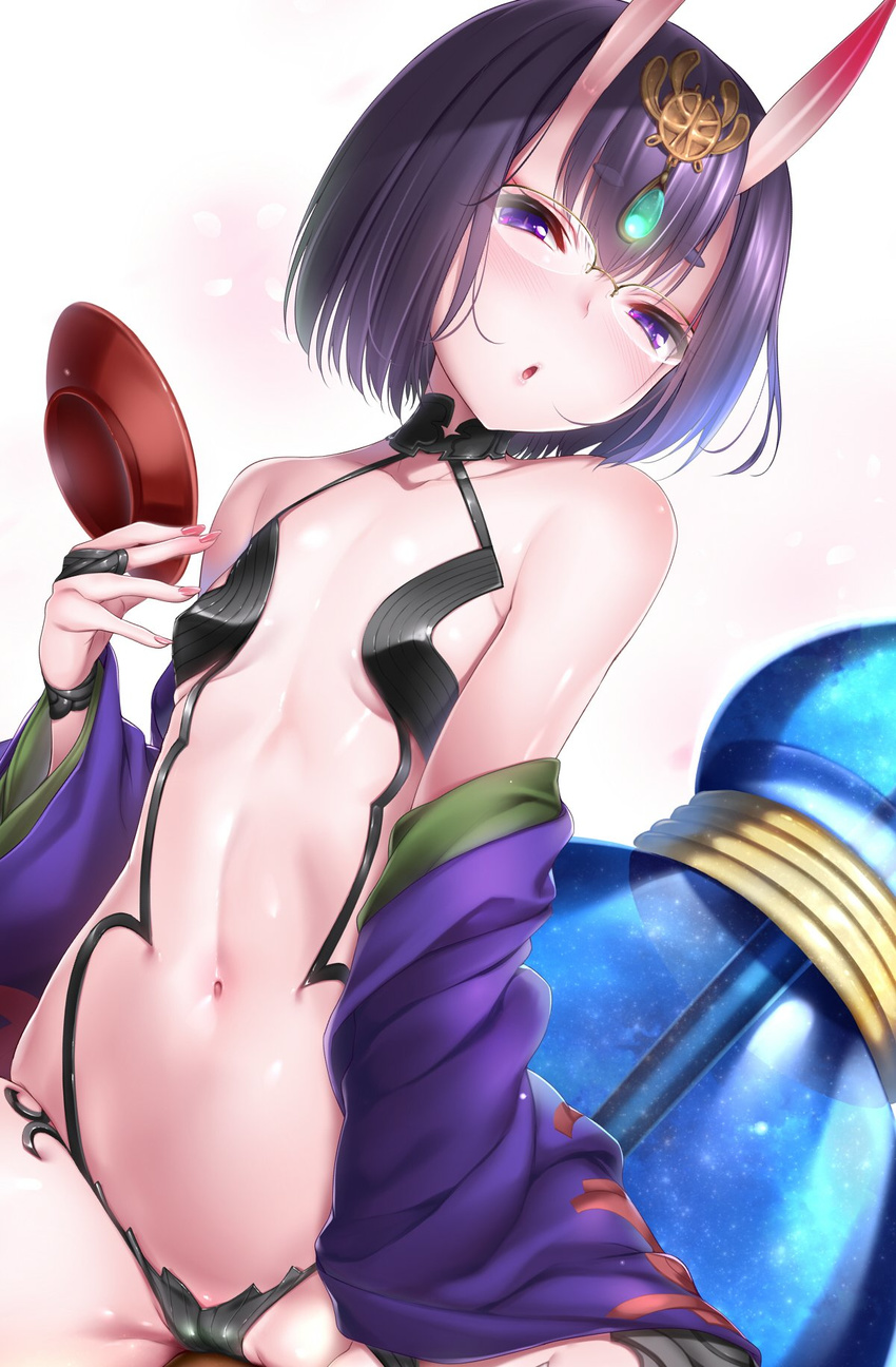 bare_shoulders bespectacled black_panties bob_cut breasts bridal_gauntlets cameltoe collarbone commentary cup fate/grand_order fate_(series) glasses gourd half-closed_eyes headpiece highres horns japanese_clothes jewelry looking_at_viewer navel nironiro oni oni_horns open_mouth panties purple_eyes purple_hair revealing_clothes sakazuki short_hair shuten_douji_(fate/grand_order) small_breasts solo stomach underwear