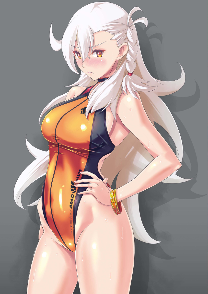 absurdres asymmetrical_bangs bangs black_swimsuit blush bracelet braid breasts brown_eyes closed_mouth commentary_request competition_swimsuit cowboy_shot drop_shadow eyebrows_visible_through_hair fate/grand_order fate_(series) grey_background hair_between_eyes hand_on_hip highleg highleg_swimsuit highres hips jewelry large_breasts light_frown long_hair looking_at_viewer nenchi nose_blush olga_marie_animusphere one-piece_swimsuit orange_swimsuit shadow side_braid sideboob simple_background solo swimsuit thighs very_long_hair wet white_hair