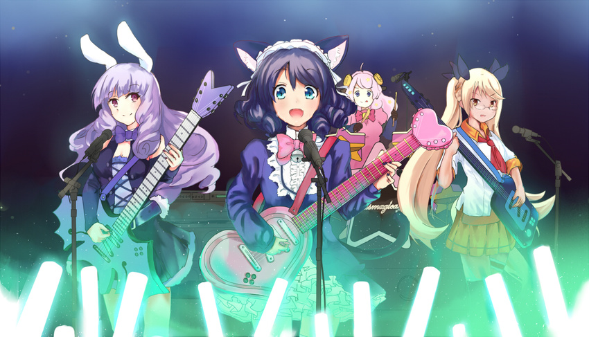 animal_ears bell black_hair black_ribbon blonde_hair blue_eyes blush bow bunny_ears cang_you_xi cat_ears chuchu_(show_by_rock!!) closed_mouth cyan_(show_by_rock!!) drum drum_set eyebrows_visible_through_hair hair_ribbon holding holding_instrument instrument long_hair looking_at_viewer looking_away microphone microphone_stand moa_(show_by_rock!!) multiple_girls music open_mouth orange_skirt pink_bow pink_hair playing_instrument purple_eyes purple_hair retoree ribbon short_hair show_by_rock!! sitting skirt smile twintails