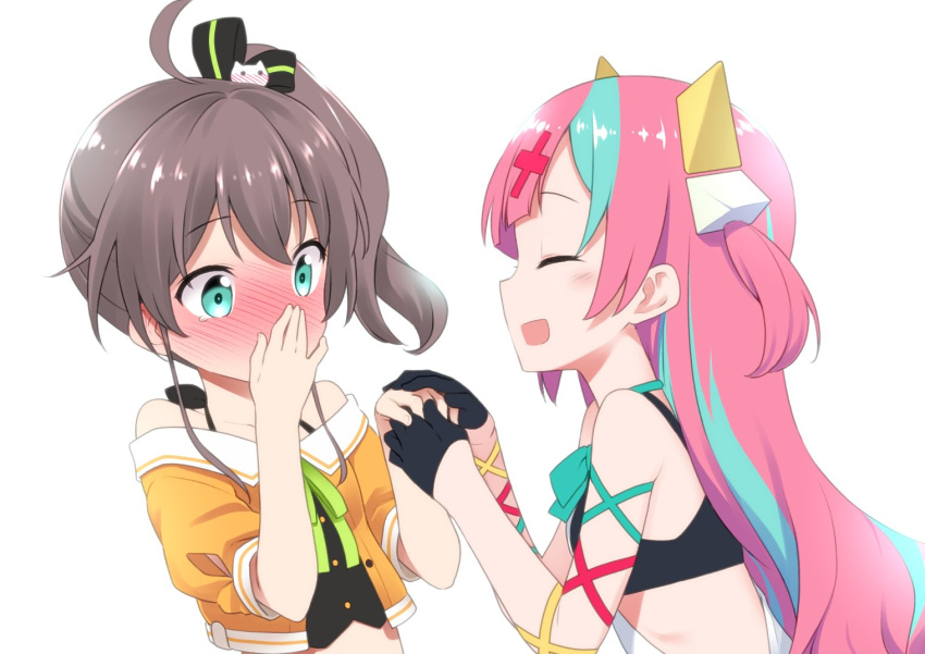 2girls ahoge blue_eyes blush bra brown_hair collarbone commentary_request covering_mouth eyes_closed gloves hair_ornament hand_holding hololive kannazuki_genshi long_hair multicolored_hair multiple_girls natsuiro_matsuri open_mouth pink_hair pinky_pop_hepburn pinky_pop_hepburn_official portrait side_ponytail simple_background tears underwear virtual_youtuber white_background