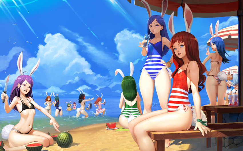 animal_ears ass assisted_exposure bad_hands beach beach_umbrella bikini bikini_top_removed black_bikini blue_eyes blue_hair blush brown_hair bunny_ears bunny_tail casual_one-piece_swimsuit clothes_theft cloud cup day drinking drinking_glass elin_(tera) embarrassed flat_chest food fruit green_hair hand_on_hip hand_on_own_head humiliation innertube knife long_hair multiple_girls navel ocean ochrejelly one-piece_swimsuit open_mouth outdoors pointing purple_eyes purple_hair running school_swimsuit sitting sky smile standing striped striped_bikini striped_swimsuit swimsuit swimsuit_theft tail tera_online theft thick_thighs thighs topless umbrella v wading water watermelon