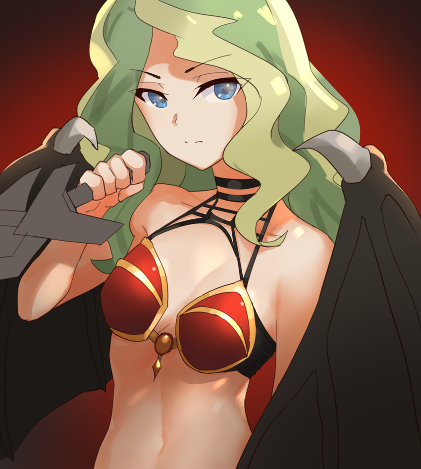 akasha_the_queen_of_pain akasha_the_queen_of_pain_(cosplay) armor bikini_armor blonde_hair blue_eyes cosplay dagger defense_of_the_ancients demon_wings diana_cavendish dota_2 gradient gradient_background highres holding holding_dagger holding_weapon little_witch_academia multicolored_hair sendrawz solo two-tone_hair weapon wings