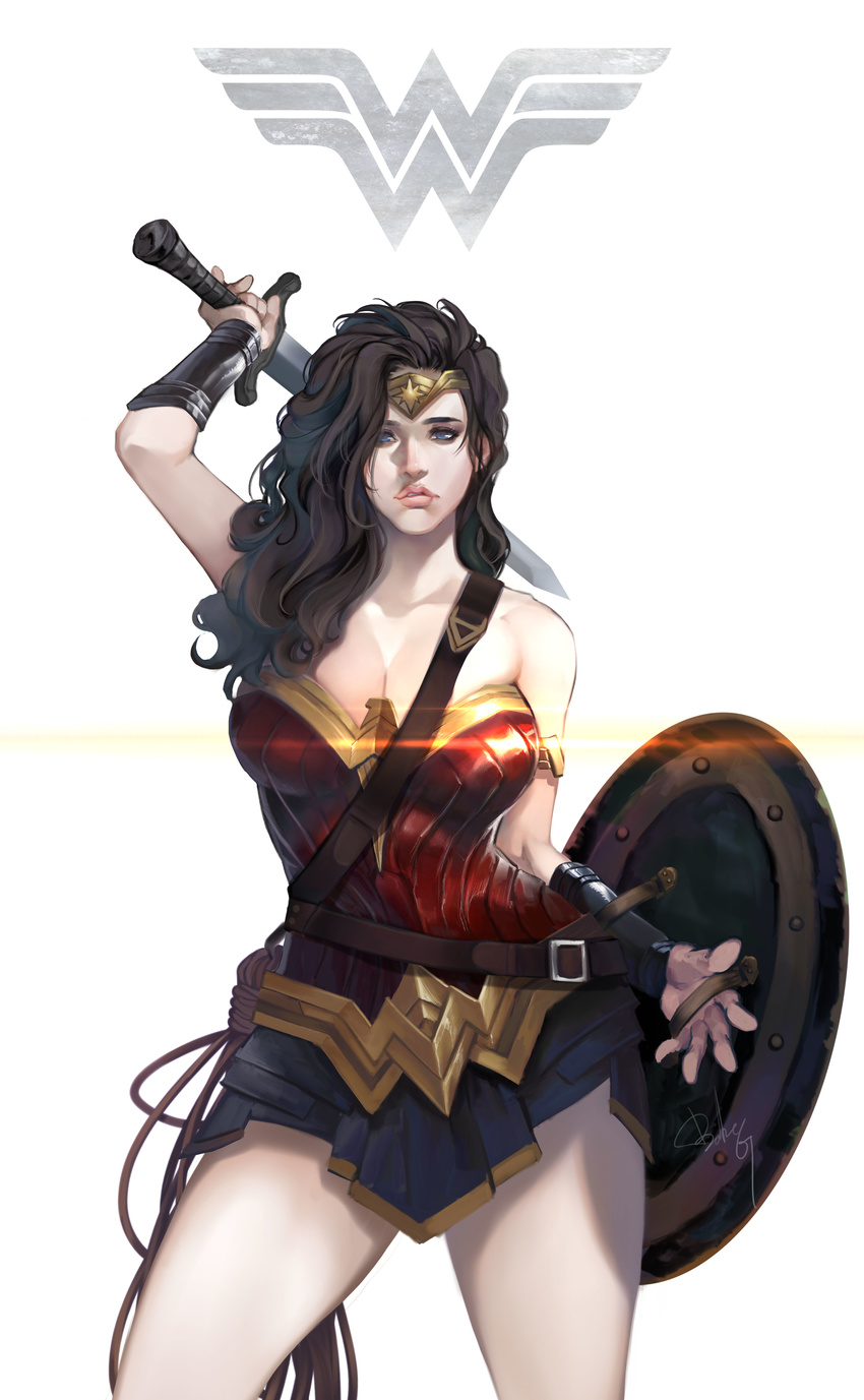 absurdres armlet armor artist_name babyg_wong bare_shoulders belt blue_eyes blue_skirt bracer breasts brown_hair cleavage collarbone cowboy_shot dc_comics emblem fingers headpiece highres hips holding holding_sword holding_weapon large_breasts lasso lens_flare leotard lips long_hair looking_at_viewer open_hand over_shoulder parted_lips pinky_out puffy_lips rope shield signature simple_background skirt solo standing superhero sword sword_over_shoulder teeth thighs weapon weapon_over_shoulder white_background wonder_woman wonder_woman_(series)