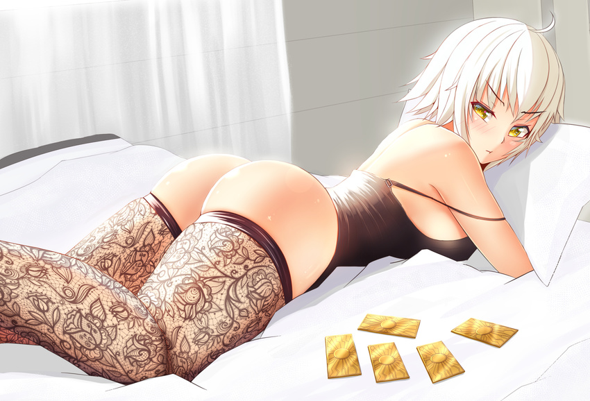 :t ass bad_id bad_pixiv_id bangs bare_shoulders bed bed_sheet black_legwear blush bottomless breasts camisole closed_mouth commentary curtains damao_yu eyebrows_visible_through_hair fate/grand_order fate_(series) highres indoors jeanne_d'arc_(alter)_(fate) jeanne_d'arc_(fate)_(all) lace lace_legwear looking_at_viewer looking_back lying medium_breasts on_bed on_stomach photo-referenced pillow pillow_hug revision see-through sheer_legwear short_hair solo strap_slip thighhighs thighs transparent white_hair yellow_eyes