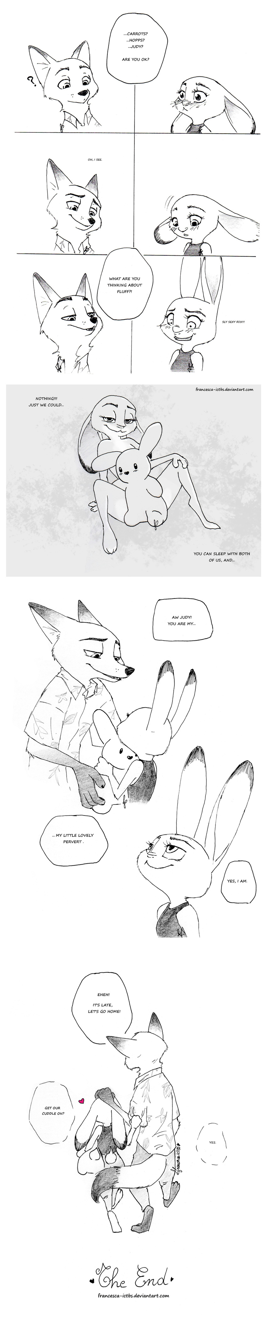 2017 3_toes 4_fingers anthro blush canine clothed clothing comic dipstick_ears dipstick_tail disney duo embarrassed female fox francesca-ictbs_(artist) gloves_(marking) grey_background hawaiian_shirt imagine_spot judy_hopps lagomorph male mammal markings multicolored_tail nick_wilde nude plushie rabbit shirt simple_background strategic_censorship suggestive toes white_background zootopia
