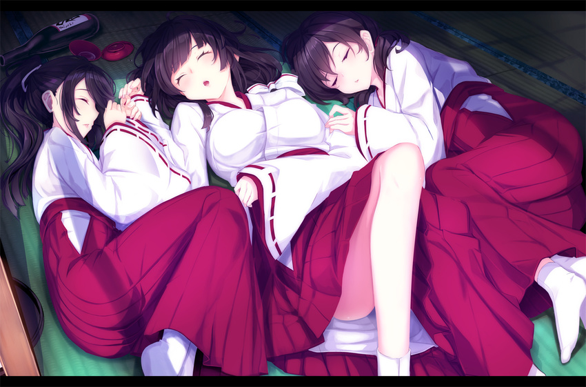 ^_^ alcohol bangs black_hair blush bottle breasts closed_eyes cup eyebrows_visible_through_hair girl_sandwich hakama hands_up haruka_natsuki indoors japanese_clothes knee_up large_breasts long_hair long_skirt lying miko multiple_girls no_shoes on_back on_side open_mouth original parted_lips pleated_skirt ponytail red_skirt ribbon-trimmed_sleeves ribbon_trim sakazuki sake sake_bottle sandwiched sidelocks skirt sleeping socks tabi tatami thighs white_legwear