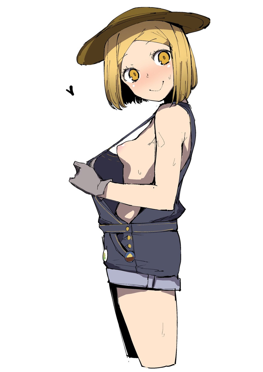 blonde_hair blush bob_cut breasts cropped_legs fate/grand_order fate_(series) hat heart highres jikatarou looking_at_viewer naked_overalls nipples overalls paul_bunyan_(fate/grand_order) short_hair shorts simple_background small_breasts smile solo straw_hat white_background yellow_eyes