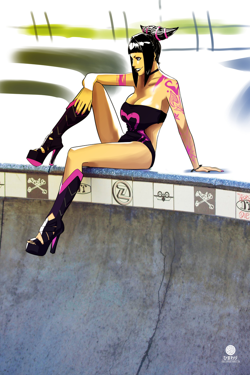 1girl black_hair breasts capcom choker cleavage han_juri high_heel_boots large_breasts legs lipstick purple_eyes short_hair short_twintails solo street_fighter street_fighter_iv tattoo twintails