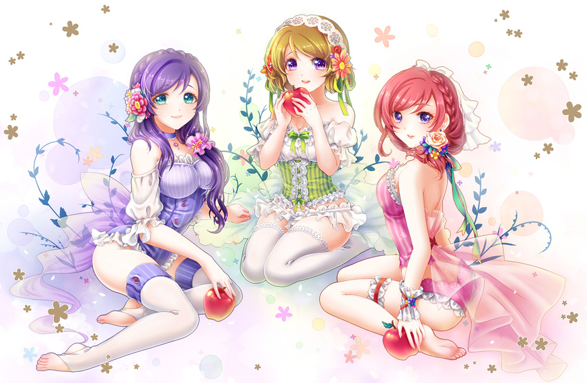 apple barefoot bow breasts brown_hair choker cleavage earrings eyebrows_visible_through_hair flower food fruit green_eyes green_ribbon hair_bow hair_ribbon highres holding holding_food holding_fruit jewelry koizumi_hanayo long_hair looking_at_viewer love_live! love_live!_school_idol_project medium_breasts multiple_girls nishikino_maki panties purple_eyes purple_hair red_hair red_panties red_shirt ribbon see-through sha shirt short_hair simple_background sitting strapless striped striped_shirt thigh_strap thighhighs toujou_nozomi underwear vertical-striped_shirt vertical_stripes white_background white_bow white_flower white_legwear