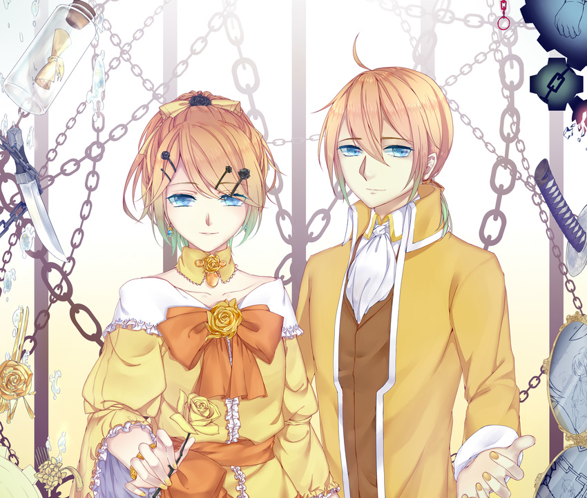 1girl 9981_n absurdres ahoge aku_no_meshitsukai_(vocaloid) aku_no_musume_(vocaloid) allen_avadonia anniversary blonde_hair blue_eyes bracelet brother_and_sister chain dress earrings evillious_nendaiki flower gradient_hair hair_flower hair_ornament hair_ribbon hairpin highres jacket jewelry kagamine_len kagamine_rin katana knife long_sleeves looking_at_viewer message_in_a_bottle mirror multicolored_hair nail_polish popped_collar re_birthday_(vocaloid) regret_message_(vocaloid) ribbon riliane_lucifen_d'autriche rose short_hair siblings smile sword twins vest vocaloid weapon yellow_flower yellow_nails yellow_rose