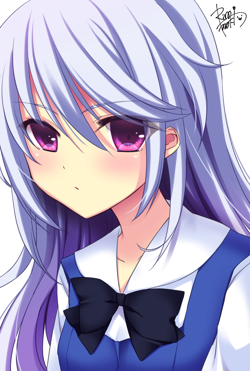 black_bow black_neckwear bow bowtie collarbone eyebrows_visible_through_hair grisaia_(series) grisaia_no_kajitsu hair_bow highres kazami_kazuki long_hair looking_at_viewer purple_eyes signature silver_hair simple_background solo tamaki_rina upper_body white_background