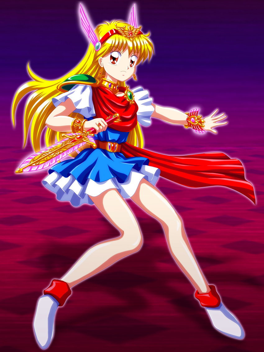 1girl akazukin_chacha bare_legs blonde_hair blue_dress bracelet bracer brown_eyes cape dress earrings female hairband head_wings highres holding holding_sword holding_weapon jewelry legs long_hair looking_at_viewer magical_princess neck_ring open_eyes red_cape red_hairband serious shadow shield shoes short_sleeves skirt solo standing sword white_shoes white_skirt