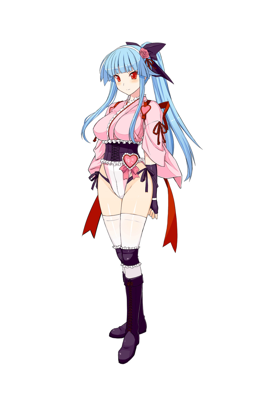 absurdres bangs blue_hair blunt_bangs blush boots bow breasts corset elbow_gloves fingerless_gloves flower frills gloves hair_bow hair_flower hair_ornament heart highres himukai_kyousuke japanese_clothes large_breasts leotard long_hair looking_at_viewer official_art ponytail red_eyes ring_dream rose smile solo thighhighs wrestling_outfit yuki_onna_(ring_dream)