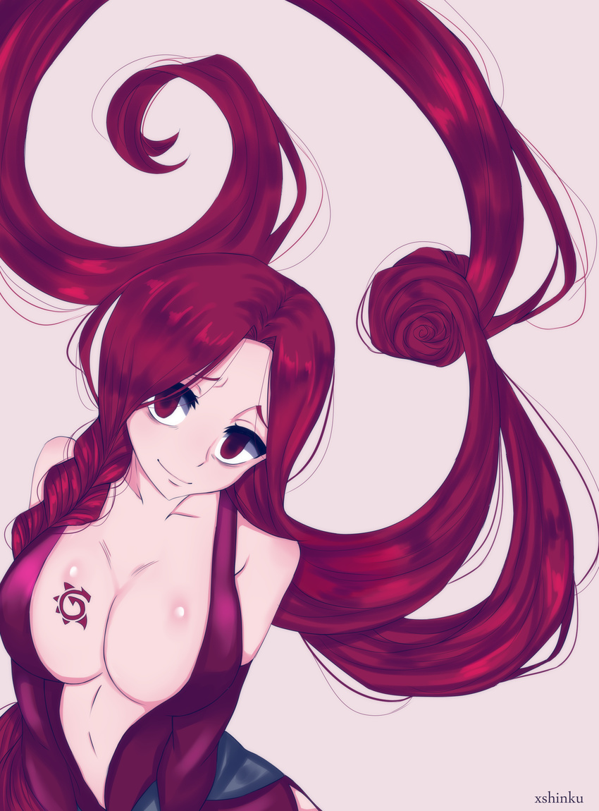 absurdres bare_shoulders breast_tattoo breasts cleavage dress eyes fairy_tail flare_corona gloves highres long_hair looking non-web_source red red_dress red_gloves red_hair shoulders solo tattoo xshinku