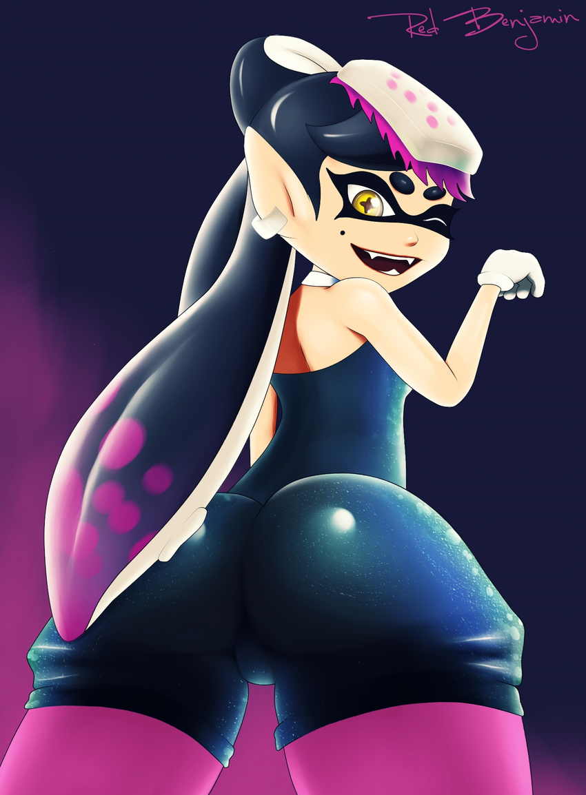 +_+ 1girl aori_(splatoon) artist_name ass bare_shoulders black_hair blue_background cat_pose choker domino_mask earring fangs food food_on_head from_behind from_below gloves gradient gradient_background hand_up jewelry legs_apart long_hair looking_back looking_down mole mole_under_eye object_on_head one_eye_closed open_mouth pantyhose pointy_ears purple_background purple_legwear red_benjamin short_jumpsuit signature simple_background smile solo splatoon standing sushi teeth tentacle tentacle_hair text white_gloves wink yellow_eyes