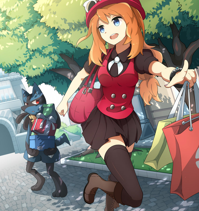 :d bag black_legwear black_shirt black_skirt blue_eyes boots bracelet brown_footwear cross-laced_footwear day eyebrows_visible_through_hair gen_4_pokemon hat highres holding holding_bag index_finger_raised jewelry kent knee_boots lace-up_boots leg_up long_hair lucario miniskirt neck_ribbon open_mouth orange_hair outdoors outstretched_arm pleated_skirt pokemon pokemon_(creature) pokemon_(game) pokemon_xy ponytail red_hat ribbon serena_(pokemon) shirt skirt smile thighhighs tree white_ribbon zettai_ryouiki