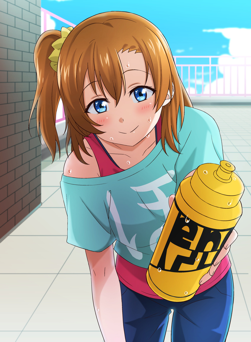 asymmetrical_bangs bangs blue_eyes blue_pants blue_shirt blush bottle brick_wall clothes_writing cloud commentary day drink eyebrows_visible_through_hair fence foreshortening giving hair_ornament hair_scrunchie highres holding holding_bottle kousaka_honoka leaning_forward looking_at_viewer love_live! love_live!_school_idol_project off-shoulder_shirt off_shoulder omaehadareda-uso one_side_up orange_hair pants red_shirt rooftop scrunchie shirt sky smile solo sweat tile_floor tiles undershirt water_bottle yellow_scrunchie