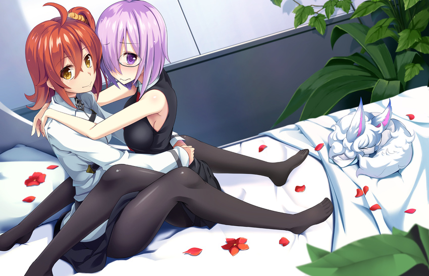 3: :&gt; ahoge arms_around_back bangs bed_sheet between_legs black-framed_eyewear black_dress black_legwear blanket blush breasts brown_hair closed_mouth commentary_request dress dutch_angle eyebrows_visible_through_hair fate/grand_order fate_(series) fou_(fate/grand_order) fujimaru_ritsuka_(female) glasses hair_between_eyes hair_ornament hair_over_one_eye hair_scrunchie highres indoors large_breasts long_sleeves looking_at_viewer mash_kyrielight multiple_girls on_bed orange_scrunchie pantyhose petals pillow plant potted_plant purple_eyes purple_hair scrunchie semi-rimless_eyewear side_ponytail sideboob sidelocks sitting sleeveless sleeveless_dress smile under-rim_eyewear uniform wapokichi yellow_eyes yuri