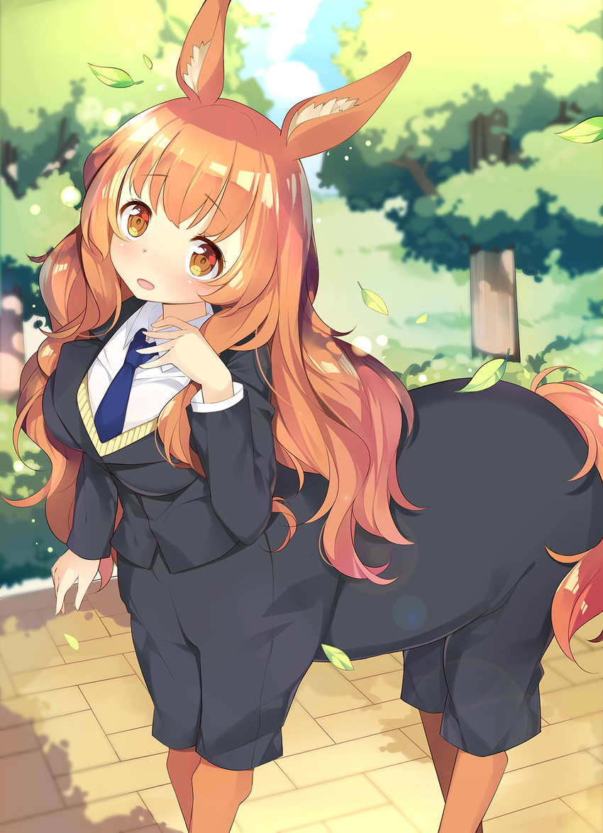 animal_ears blazer blue_neckwear brown_eyes centaur centaur_no_nayami day formal hand_on_own_chest highres horse_ears horse_tail jacket kikistark kimihara_himeno leaf lens_flare long_hair looking_at_viewer monster_girl necktie open_mouth orange_hair outdoors school_uniform solo standing tail wavy_hair