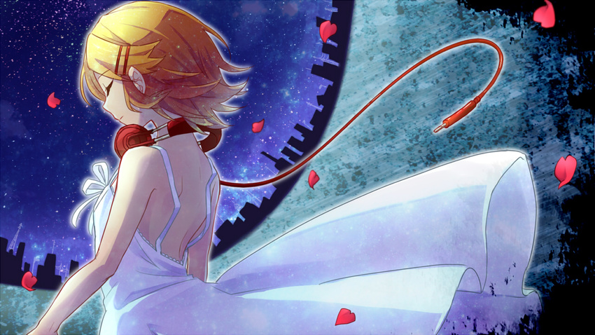 backless_dress backless_outfit blonde_hair closed_eyes dress eyebrows_visible_through_hair hair_ornament hairclip headphones headphones_around_neck kagamine_rin night petals reki_(arequa) ribbon short_hair sky sleeveless sleeveless_dress solo standing star_(sky) starry_sky sundress upper_body vocaloid white_dress white_ribbon