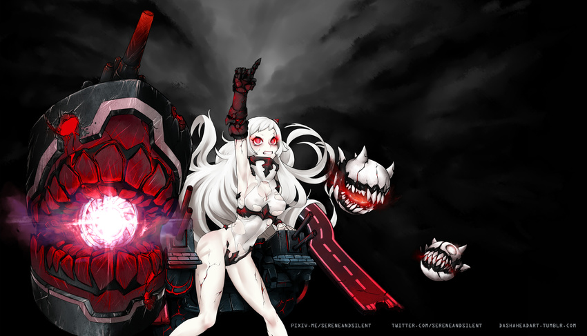 airfield_hime arm_up armpits breasts covered_nipples cracked_skin glowing glowing_eyes grin highres index_finger_raised kantai_collection leotard long_hair medium_breasts open_mouth red_eyes sereneandsilent shinkaisei-kan smile solo teeth torn_clothes torn_leotard watermark web_address white_hair white_skin