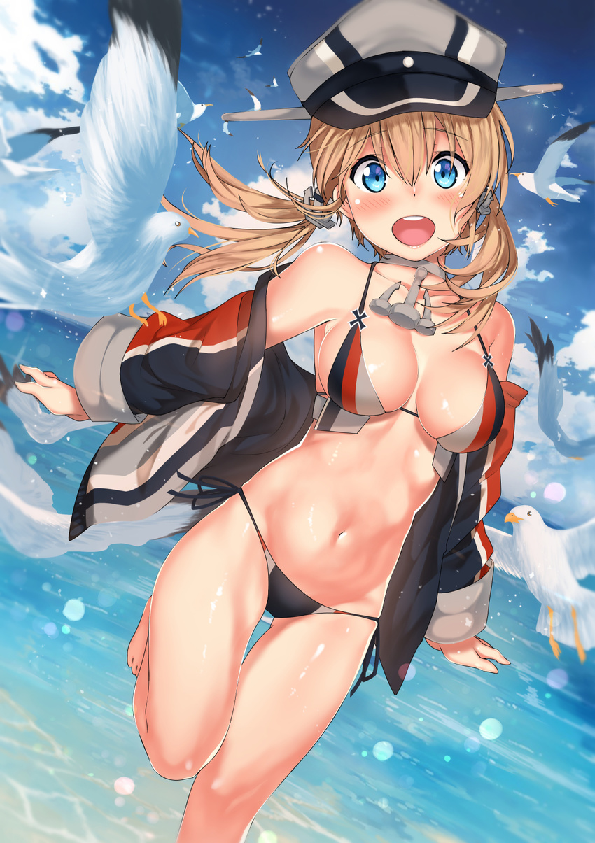 :d adapted_costume animal bare_legs bare_shoulders barefoot bikini bird blonde_hair blue_eyes body_blush breasts choker cleavage cloud collarbone day derivative_work dutch_angle eyebrows_visible_through_hair grey_hat hair_between_eyes hat highres horizon imperial_german_flag iron_cross jacket kantai_collection kawai leg_up long_hair long_sleeves looking_at_viewer low_twintails medium_breasts navel ocean off_shoulder open_clothes open_jacket open_mouth outdoors peaked_cap prinz_eugen_(kantai_collection) running seagull shiny shiny_skin side-tie_bikini skindentation smile solo stomach swimsuit tareme thigh_gap twintails