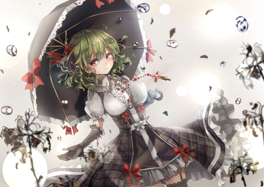 air_bubble alternate_costume black_gloves black_legwear black_skirt breasts bubble garter_straps gloves green_hair hair_between_eyes holding holding_umbrella kazami_yuuka large_breasts looking_at_viewer plaid plaid_skirt puffy_short_sleeves puffy_sleeves red_eyes red_ribbon ribbon shironeko_yuuki short_sleeves skirt solo standing tears thighhighs touhou umbrella